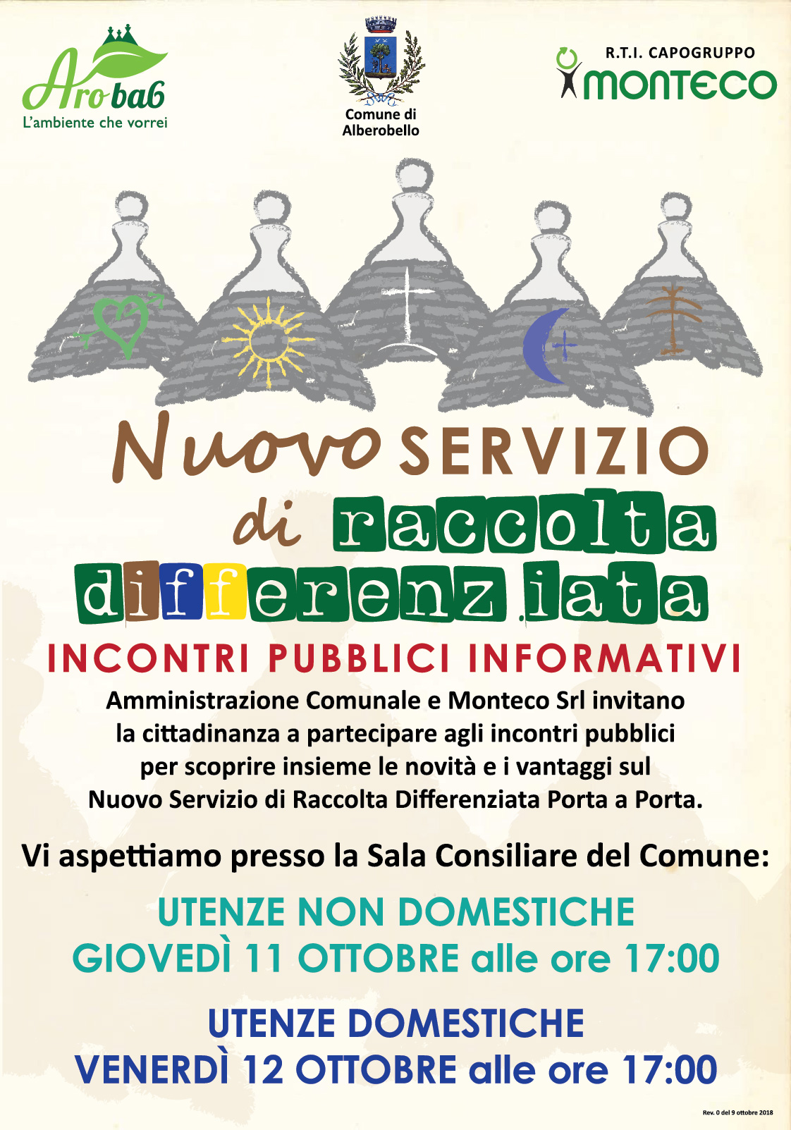 ALBEROBELLO: INCONTRI PUBBLICI INFORMATIVI SUL NUOVO SERVIZIO DI RACCOLTA DIFFERENZIATA PORTA A PORTA