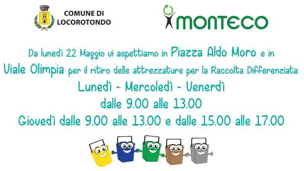 Locorotondo: Nuovi giorni e orari di apertura degli stand per il ritiro delle attrezzature per la Raccolta Differenziata