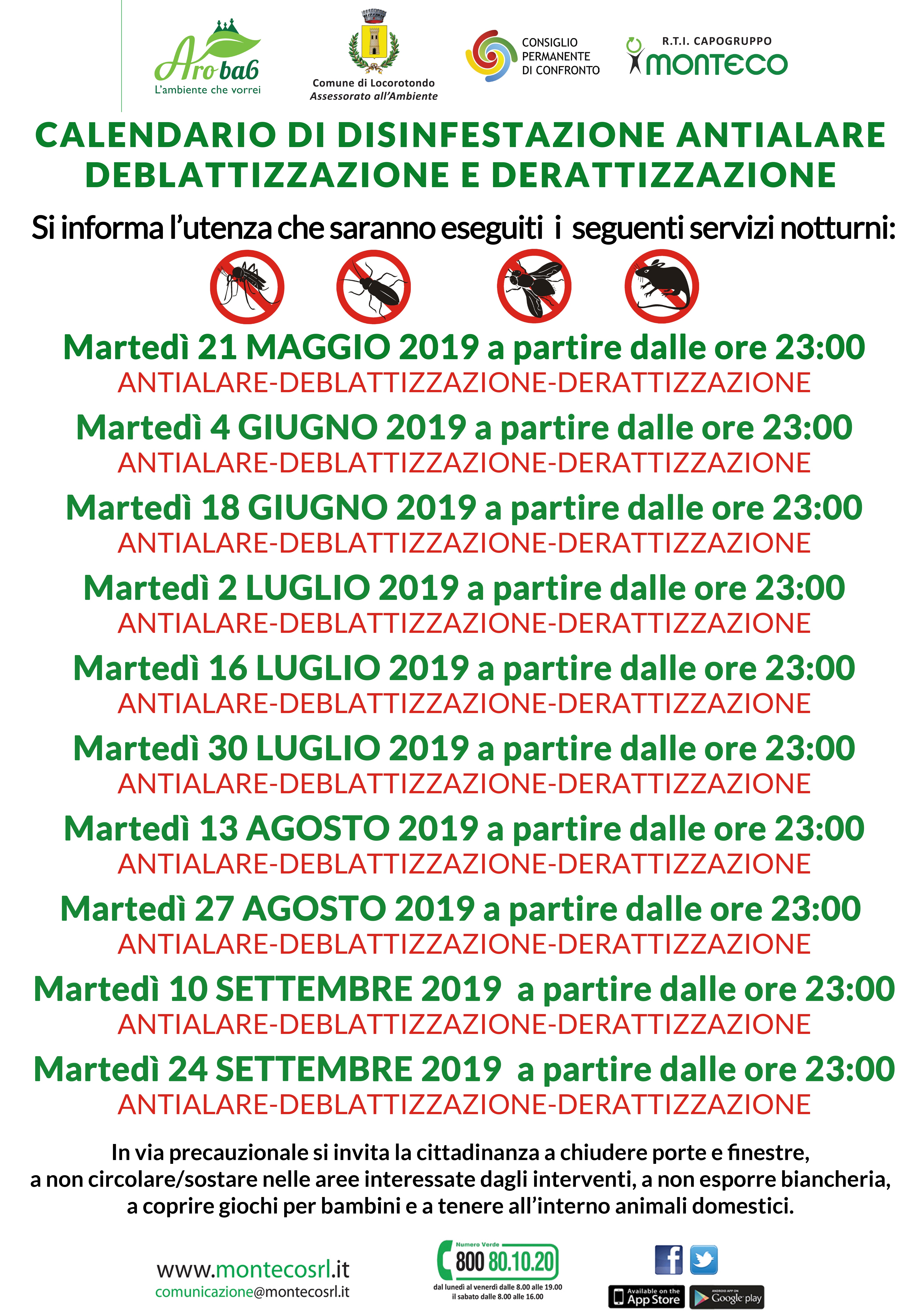 Locorotondo - Calendario di disinfestazione antialare, deblattizzazione e derattizzazione