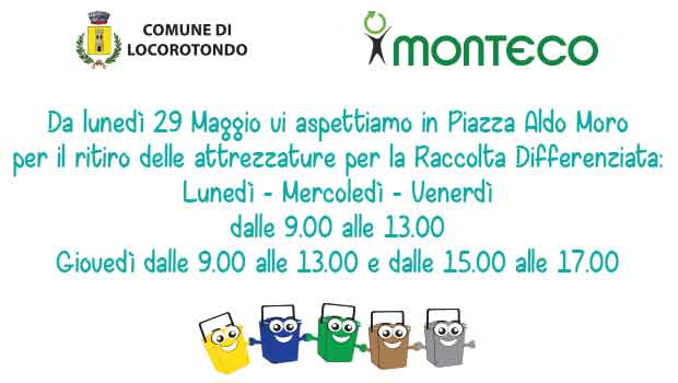 Locorotondo: Giorni e orari di apertura dello stand per il ritiro delle attrezzature per la Raccolta Differenziata