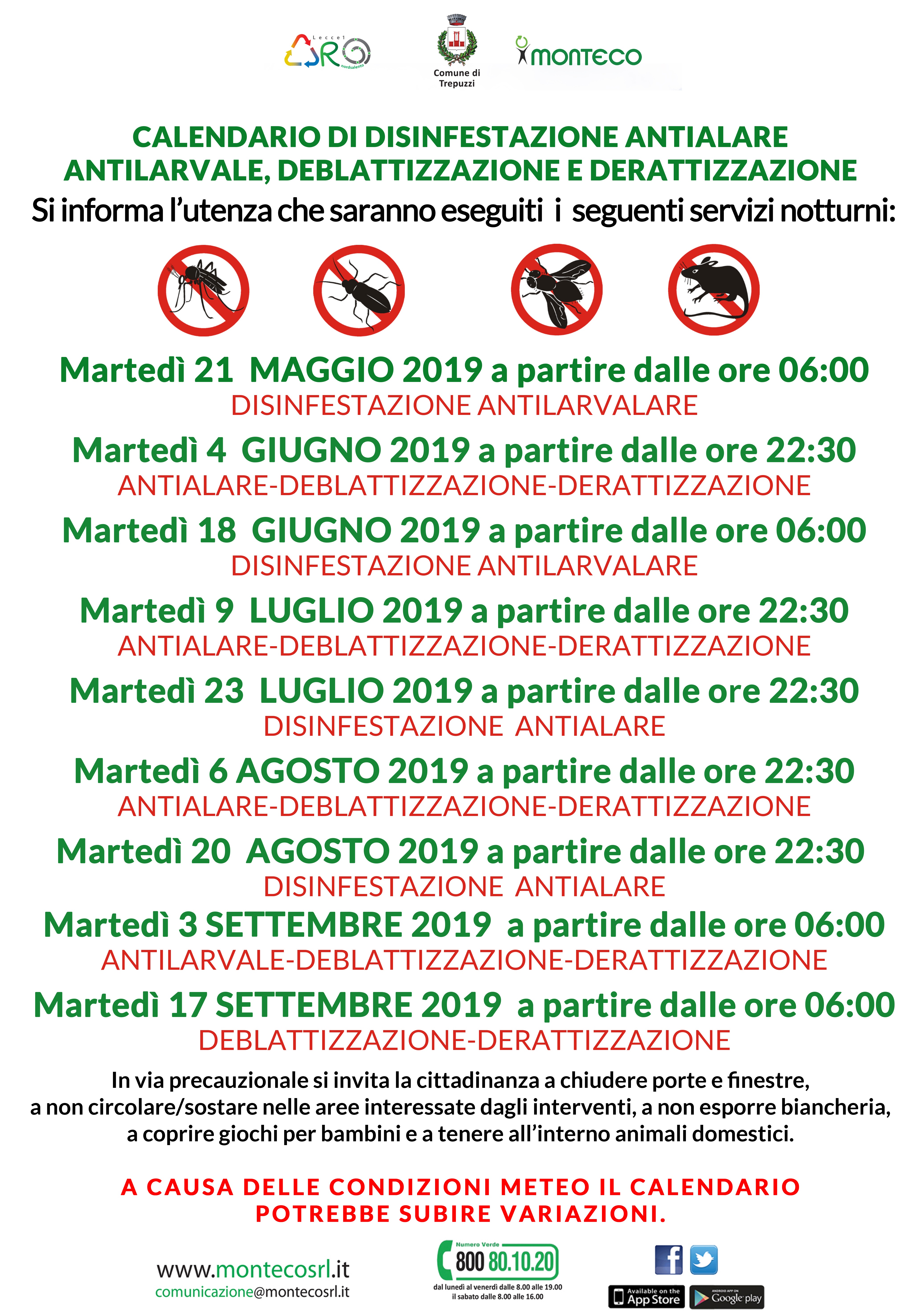 Trepuzzi - Calendario di disinfestazione antialare, deblattizzazione e derattizzazione